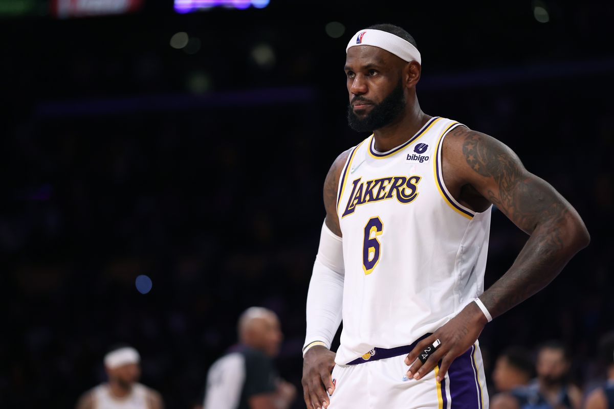 LeBron James #6 of the Los Angeles Lakers reacts to a call during a 121-118 win over the Memphis Grizzlies at Staples Center on October 24, 2021 in Los Angeles, California.