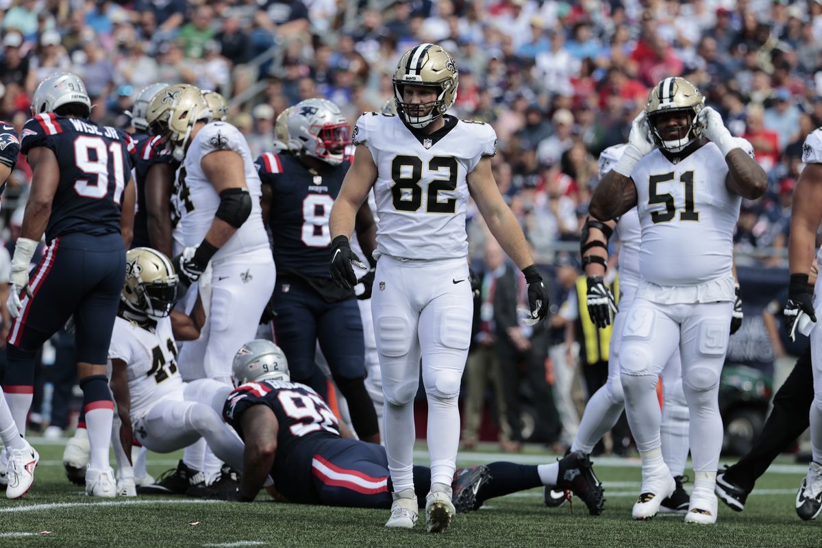 New Orleans Saints tight end Adam Trautman (82) during a game between the New England Patriots and the New Orleans Saints on September 26, 2021 at Gillette Stadium in Foxborough, Massachusetts.