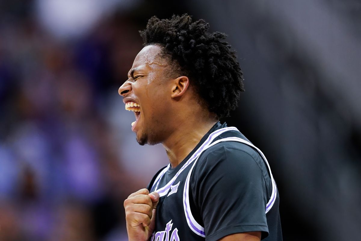 Dec 21, 2023; Kansas City, Missouri, USA; Kansas State Wildcats guard Tylor Perry (2) celebrates during the second half against the Wichita State Shockers at T-Mobile Center.