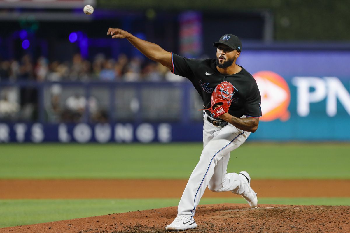 Miami Marlins starting pitcher Sandy Alcantara (22) delivers a pitch during the fifth inning against the Philadelphia Phillies at loanDepot Park.