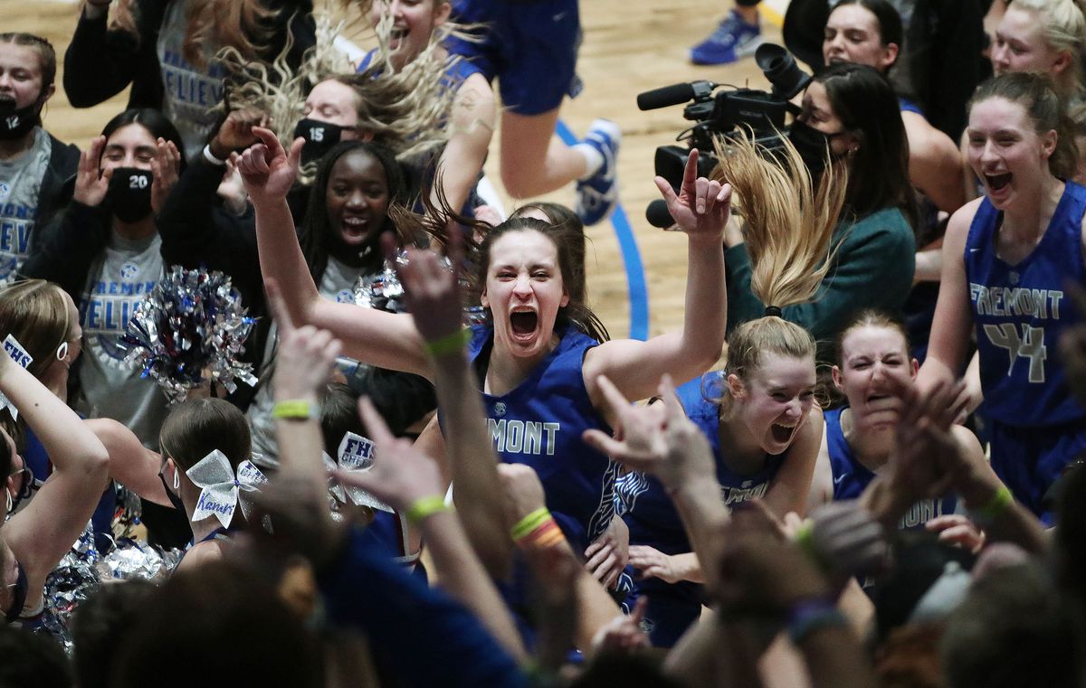 Fremont’s Emma Calvert (25) and teammates and student body celebrate their win over Herriman during the 6A girls basketball championship game at Salt Lake Community College in Taylorsville on Saturday, March 6, 2021. Fremont won 63-43.