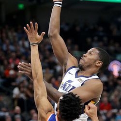 Utah Jazz guard Joe Johnson (6) shoots over New York Knicks guard Courtney Lee (5) during a basketball game at the Vivint Smart Home Arena in Salt Lake City on Friday, Jan. 19, 2018.