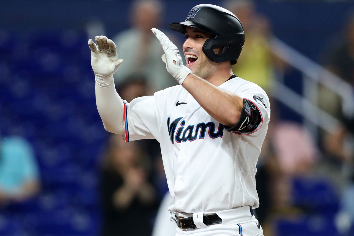 Nick Fortes #54 of the Miami Marlins celebrates after hitting a home run against the Chicago Cubs during the fifth inning at loanDepot park on September 21, 2022 in Miami, Florida.