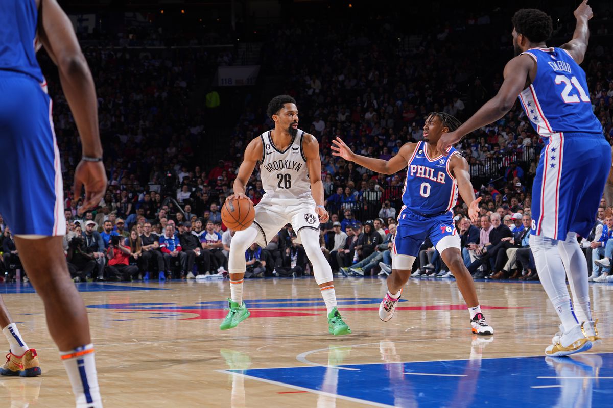 Spencer Dinwiddie of the Brooklyn Nets dribbles the ball against the Philadelphia 76ers during Round 1 Game 2 of the 2023 NBA Playoffs on April 17, 2023 at the Wells Fargo Center in Philadelphia, Pennsylvania.
