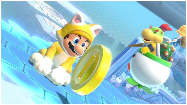 Mario wears a cat suit while Bowser Jr. looks longingly at his frenemy. A beautiful gold coin lingers in the foreground, ignored by the duo, in Super Mario 3D World + Bowser’s Fury