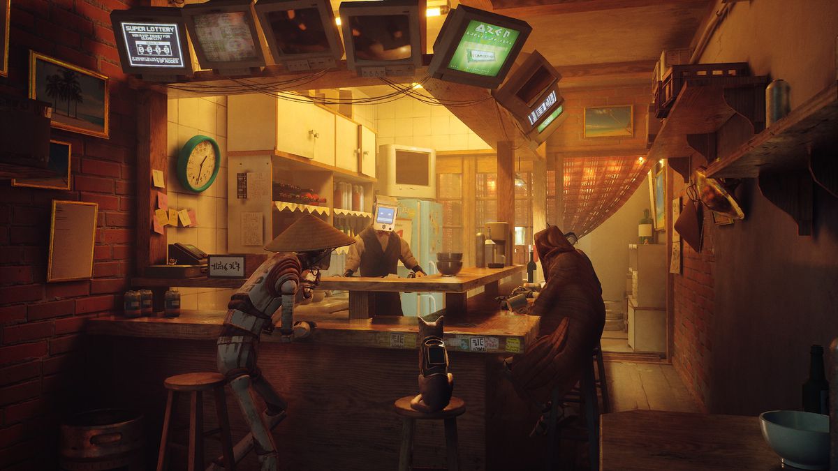 A cat waits at a bar with three humanoid robots in a screenshot from Stray.