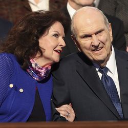 President Russell M. Nelson of The Church of Jesus Christ of Latter-day Saints and his wife, Sister Wendy Nelson, smile at students prior to a devotional at Brigham Young University’s Marriott Center in Provo, Utah, on Tuesday, Sept. 17, 2019.