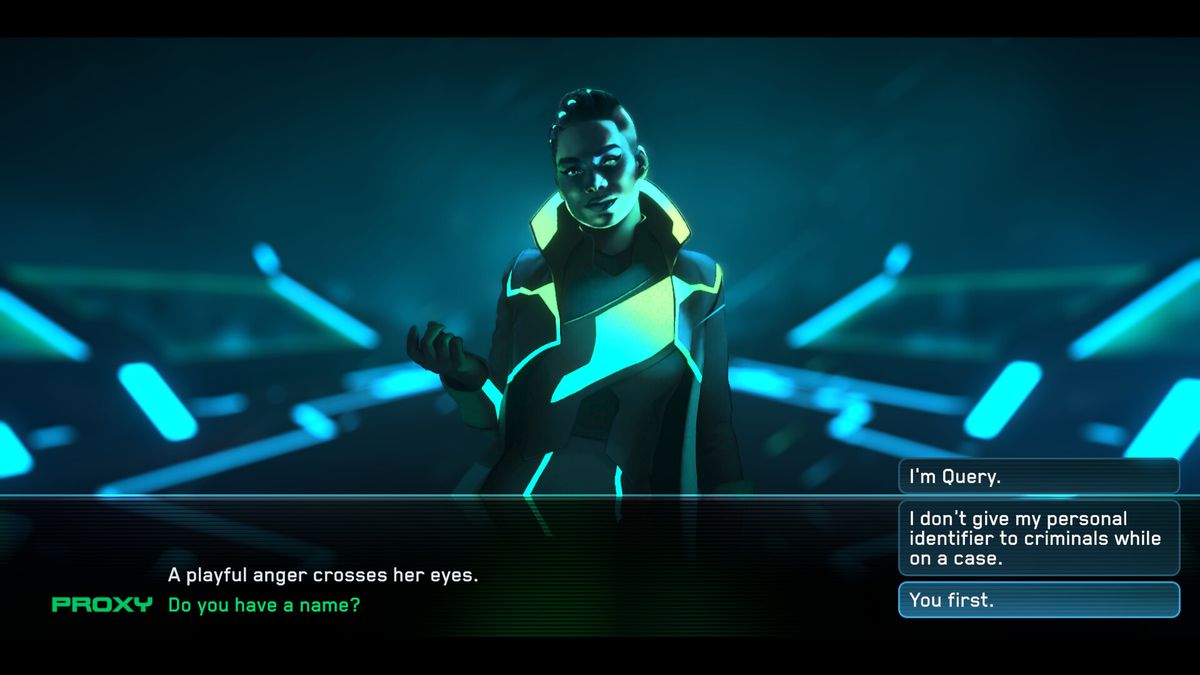 A screenshot from Tron: Identity, featuring a character named “Proxy” dressed in a neon-green and black outfit.