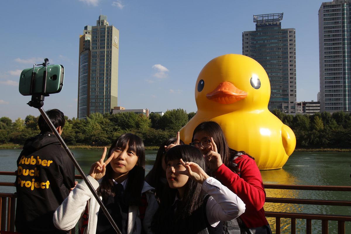 Giant Yellow Rubber Duck Exhibited In Seoul