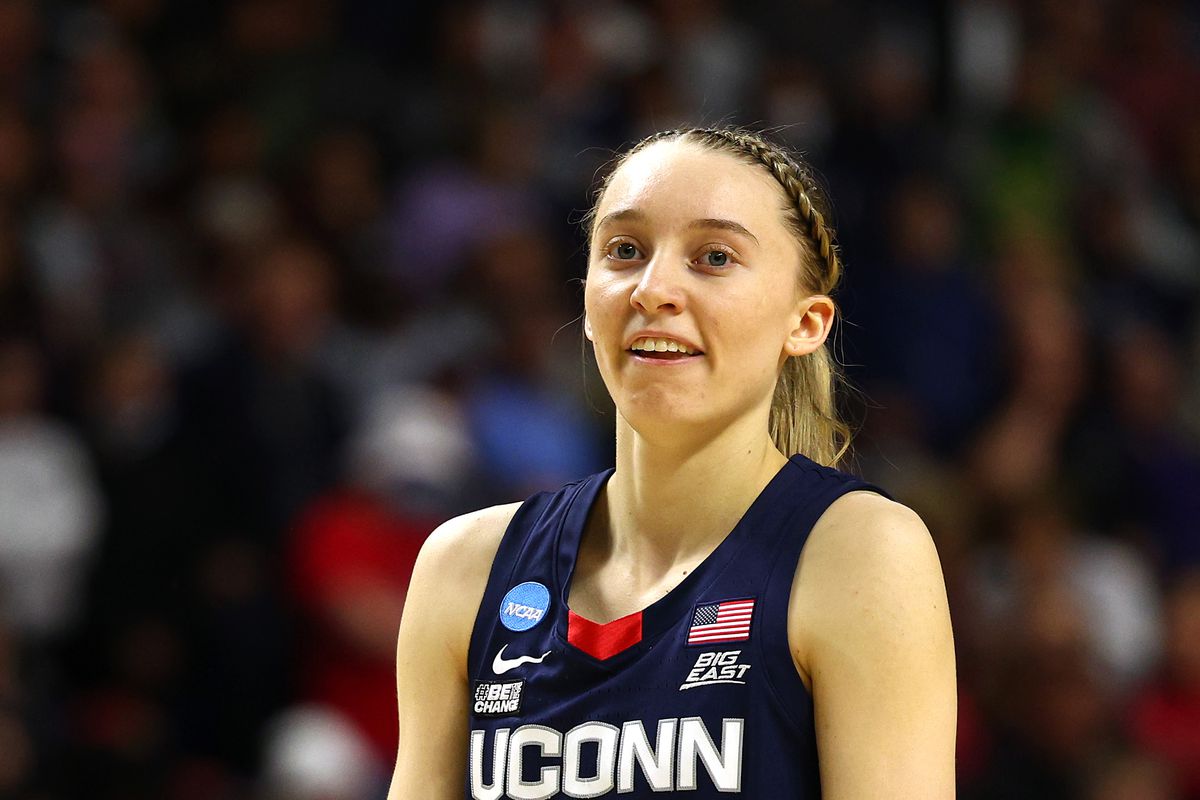 Paige Bueckers of the UConn Huskies reacts after a play against the NC State Wolfpack in the NCAA Women’s Basketball Tournament Elite 8 Round at Total Mortgage Arena on March 28, 2022 in Bridgeport, Connecticut.&nbsp;