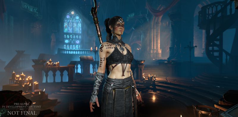 A shot of the Sorceress in a church in Diablo 4