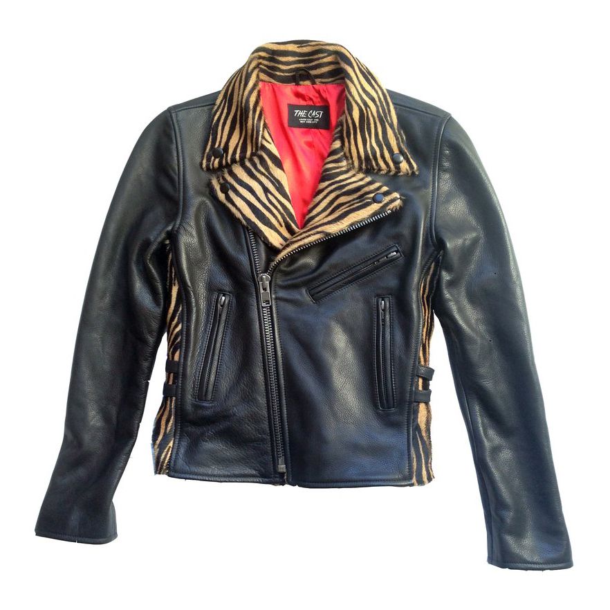 A leather jacket with zebra print collar