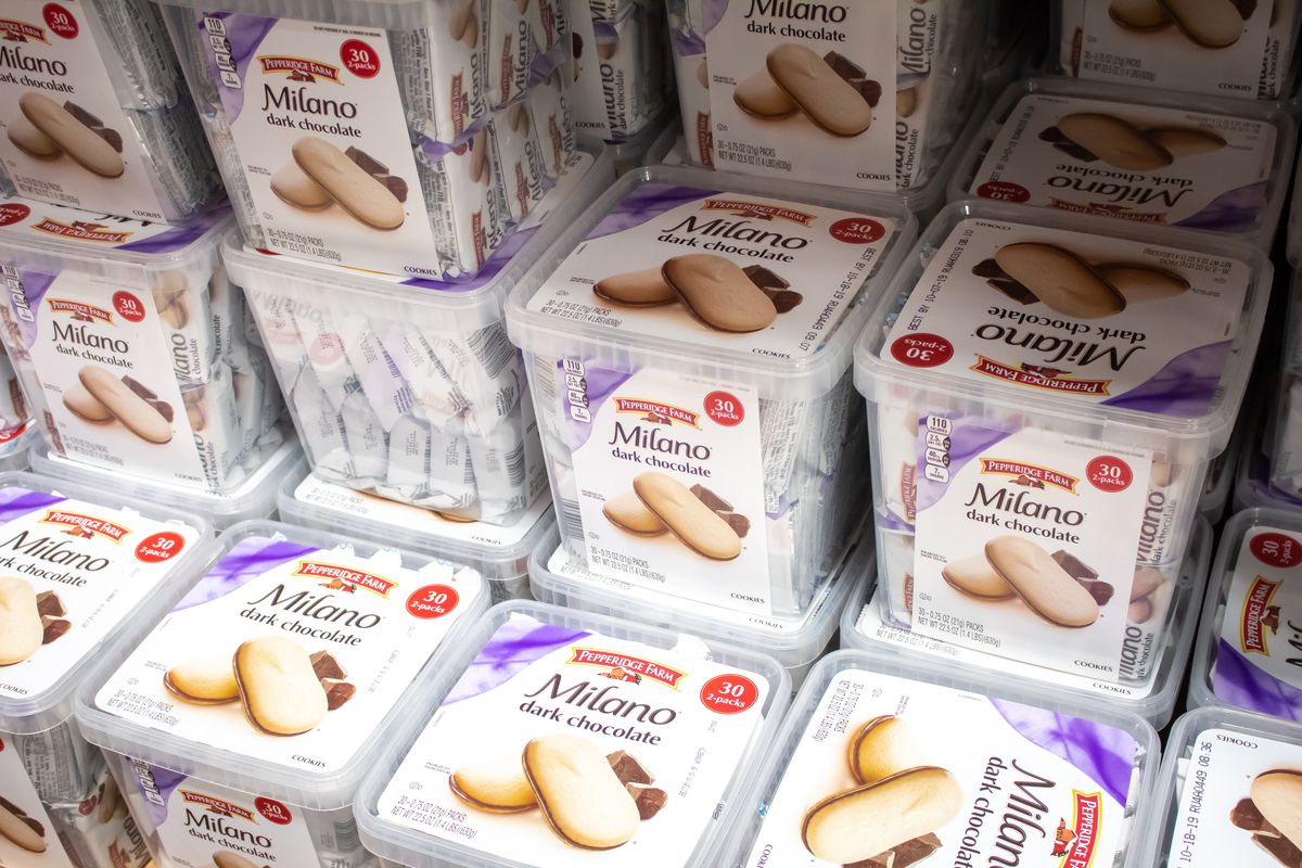 Tubs of packaged Milano cookies.