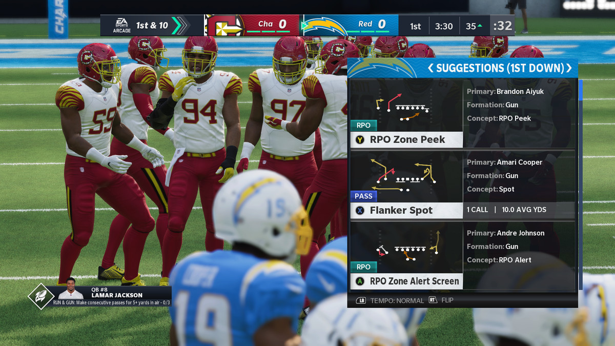 Playcalling screen between plays in a Madden Ultimate Team game.