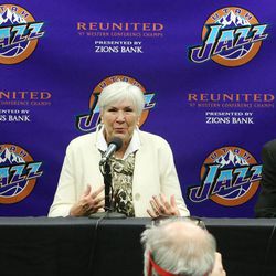 Former Utah Jazz great John Stockton, Jazz owner Gail Miller and Former Jazz Head Coach Jerry Sloan attend a press conference as the 1997 Western Conference Champions reunite on Wednesday, March 22, 2017.