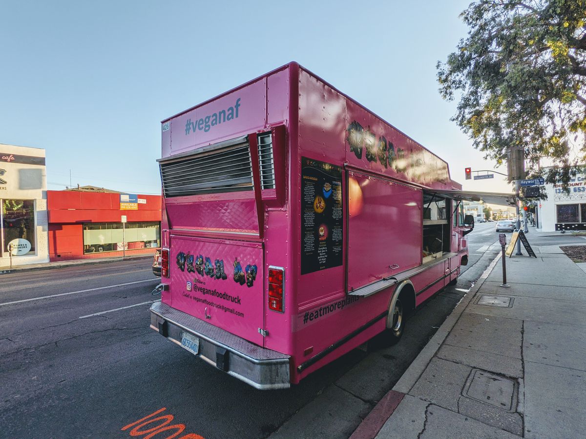 Vegan A.F. food truck parked on Melrose Avenue.
