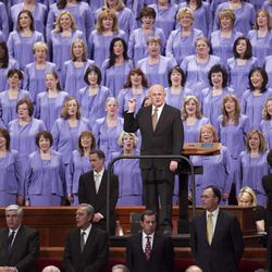 Members of the Tabernacle Choir join with the audience to sing during the morning session of 183 annual General Conference of the Church of Jesus Christ of Latter Day Saints Saturday, April 6, 2013 inside the Conference Center.
