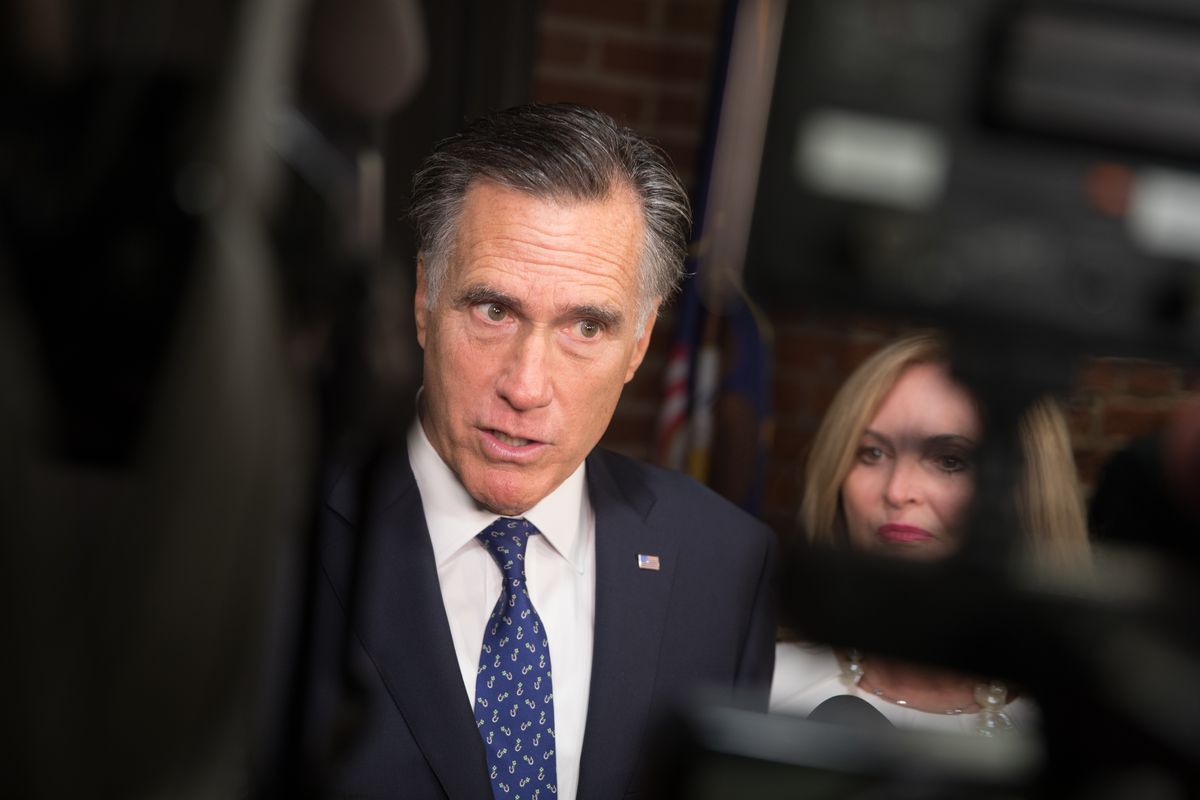 Sen. Mitt Romney, R-Utah, speaks to the press staked outside his new office on Capitol Hill in Washington, D.C., on Thursday, Jan. 3, 2019. “It’s good politics to divide, but it’s bad for the country,” said Romney.