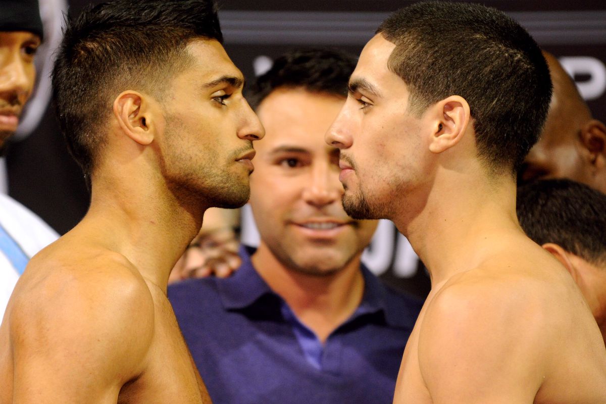 Amir Khan and Danny Garcia settle their trash talk in the ring tonight. (Photo by David Becker/Getty Images for Golden Boy Promotions).