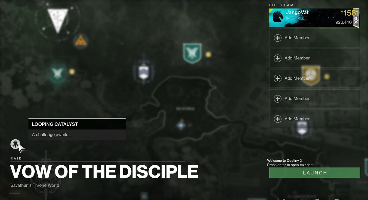 Destiny 2 menu for Disciple's Vow, showing the Catalyst challenge in a loop 