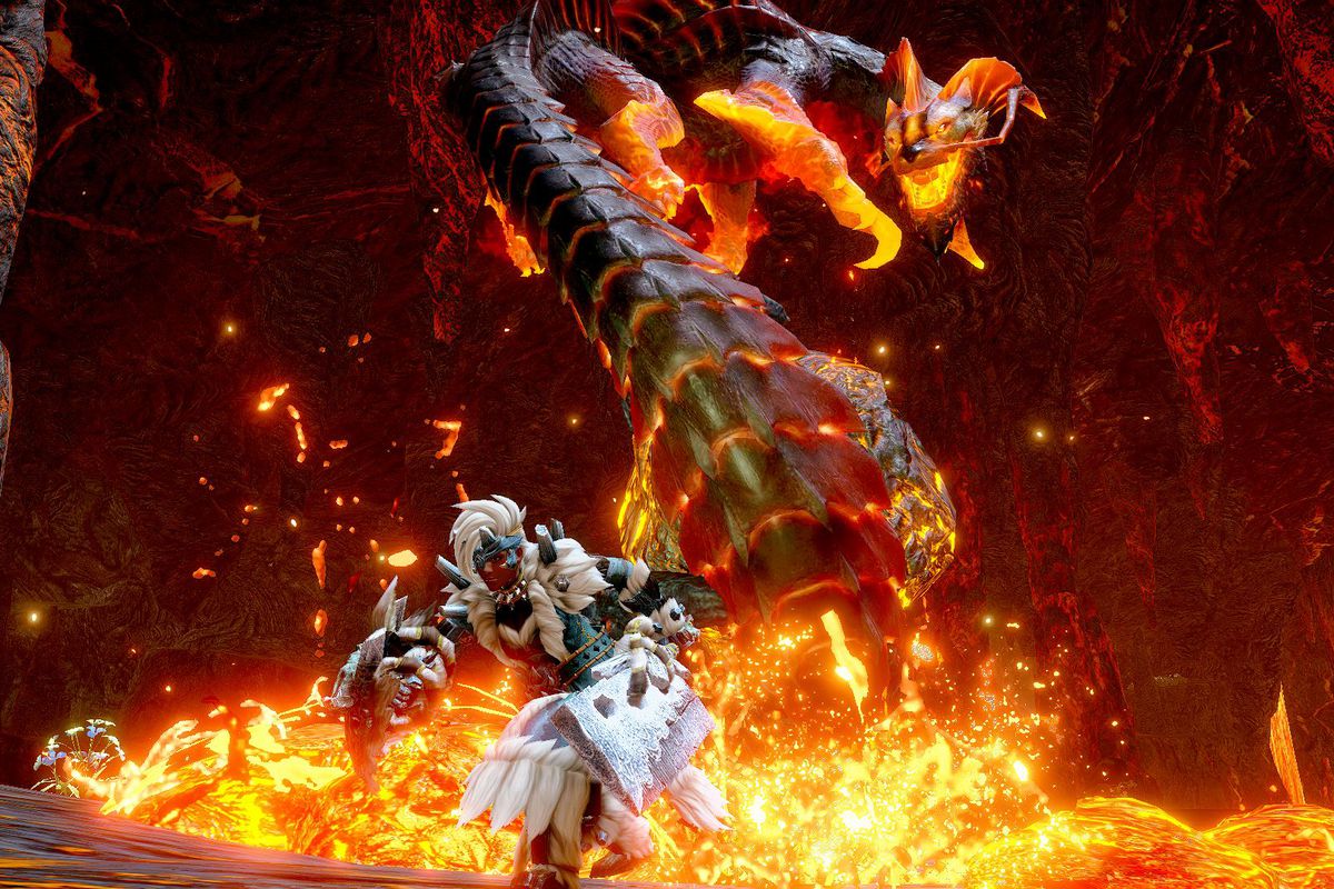 A hunter battles a Magma Almundron in Monster Hunter Rise: Sunbreak