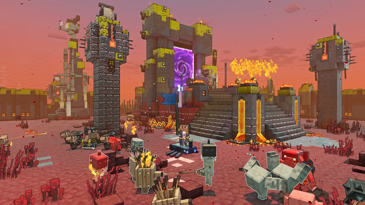An army of Piglins swarms around the player, who sits astride a horse, in Minecraft Legends. The player is surrounded by an army of friendly minions. The scene takes place in the heart of a Nether war camp.
