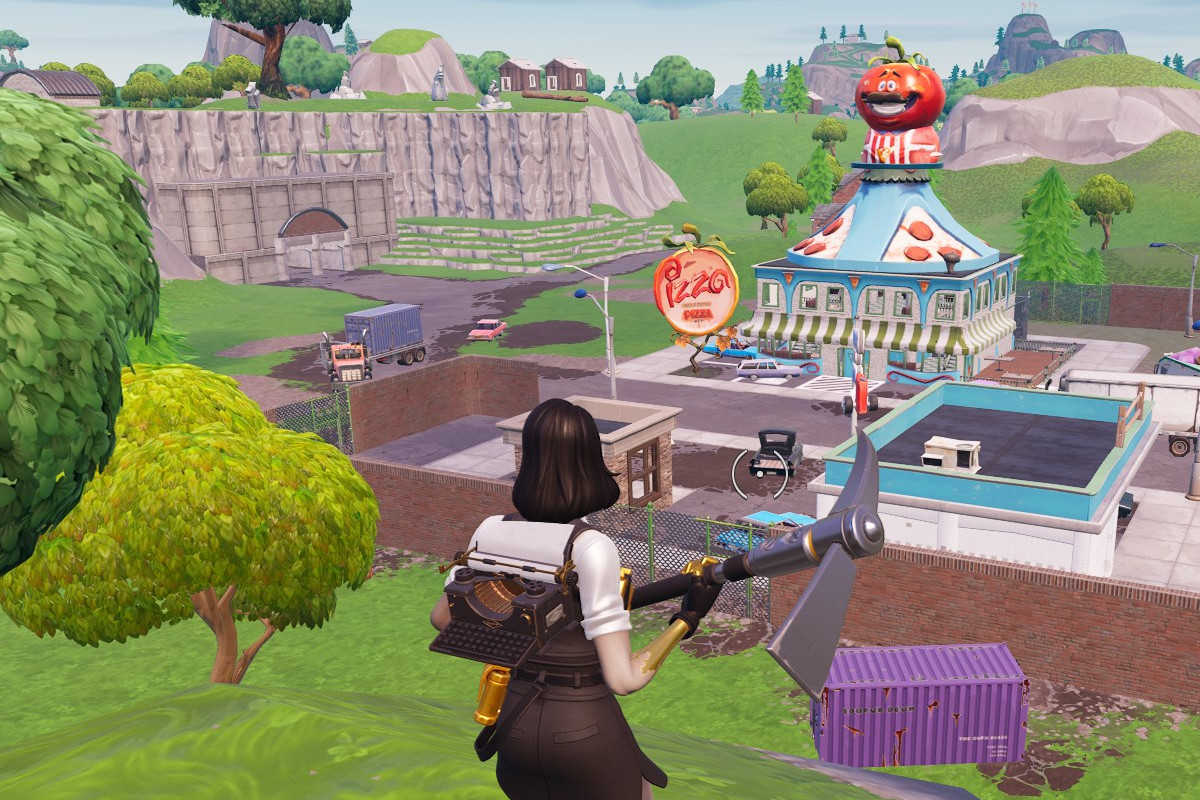 Tomato Town in Fortnite Creative 2.0. Chapter 1 Season 3 map is back in Fortnite. Pizza restaurant with a giant tomato head on top.