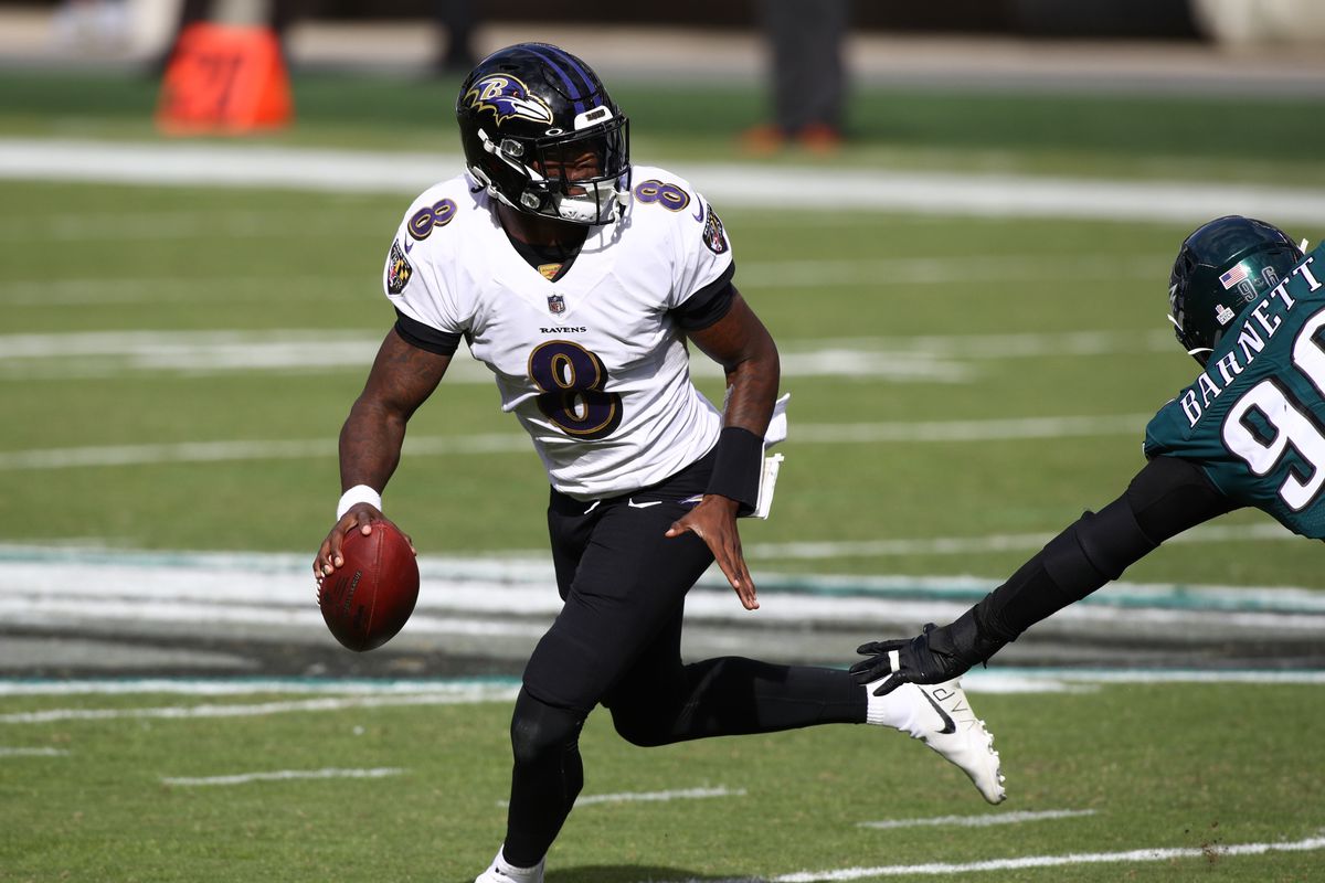 Baltimore Ravens Quarterback Lamar Jackson (8) scrambles in the second half during the game between the Baltimore Ravens and Philadelphia Eagles on October 18, 2020 at Lincoln Financial Field in Philadelphia, PA.