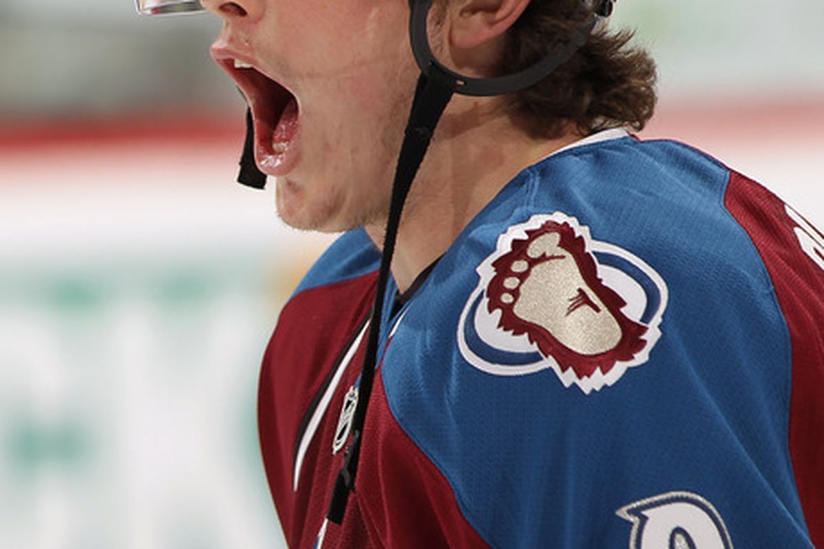DENVER - DECEMBER 23:  Matt Duchene #9 of the Colorado Avalanche reacts during pregame warm up prior to facing the Minnesota Wild at the Pepsi Center on December 23 2010 in Denver Colorado.  (Photo by Doug Pensinger/Getty Images)