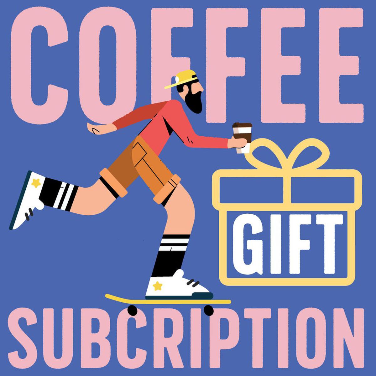 Cartoon of a running man touching a present. Text reads coffee gift subscription.