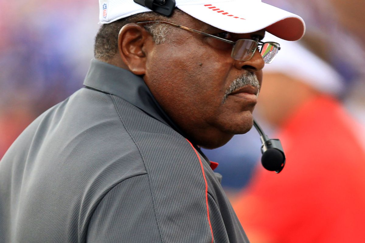 Sep 16, 2012; Orchard Park, NY, USA; Kansas City Chiefs head coach Romeo Crennel on the sideline during the second quarter in the game against the Buffalo Bills at Ralph Wilson Stadium. Mandatory Credit: Kevin Hoffman-US PRESSWIRE