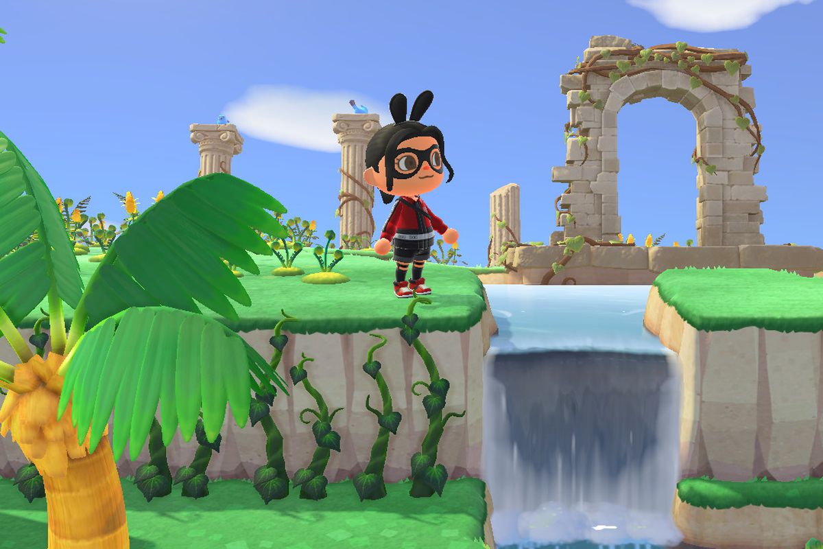 An Animal Crossing villager stands on a cliff surrounded by glowing moss and ruins with vines growing all over them