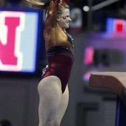 Utah's Tory Wilson competes in the vault event during the NCAA college women's gymnastics individual championship at UCLA, Sunday, April 21, 2013, in Los Angeles. Wilson tied for eighth place in the event. (AP Photo/Alex Gallardo