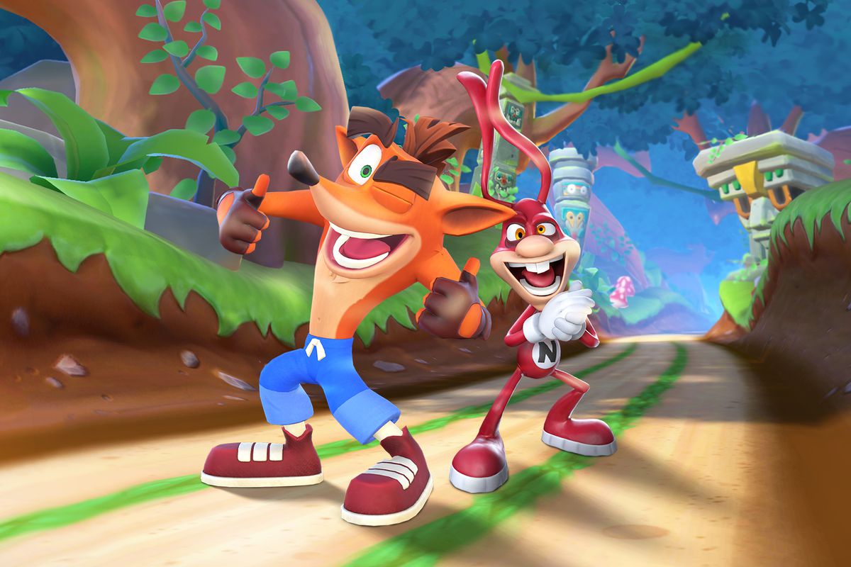 Crash Bandicoot and the Noid mugging for the camera inside Crash’s mobile game