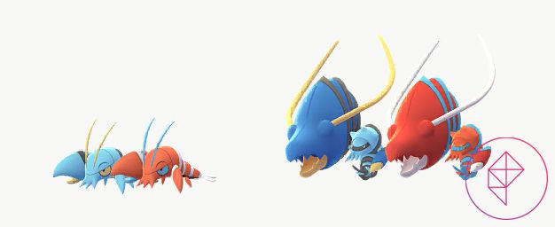 Shiny Clauncher and Clawitzer with their regular forms in Pokémon Go. Both Shiny versions turn from blue to red.