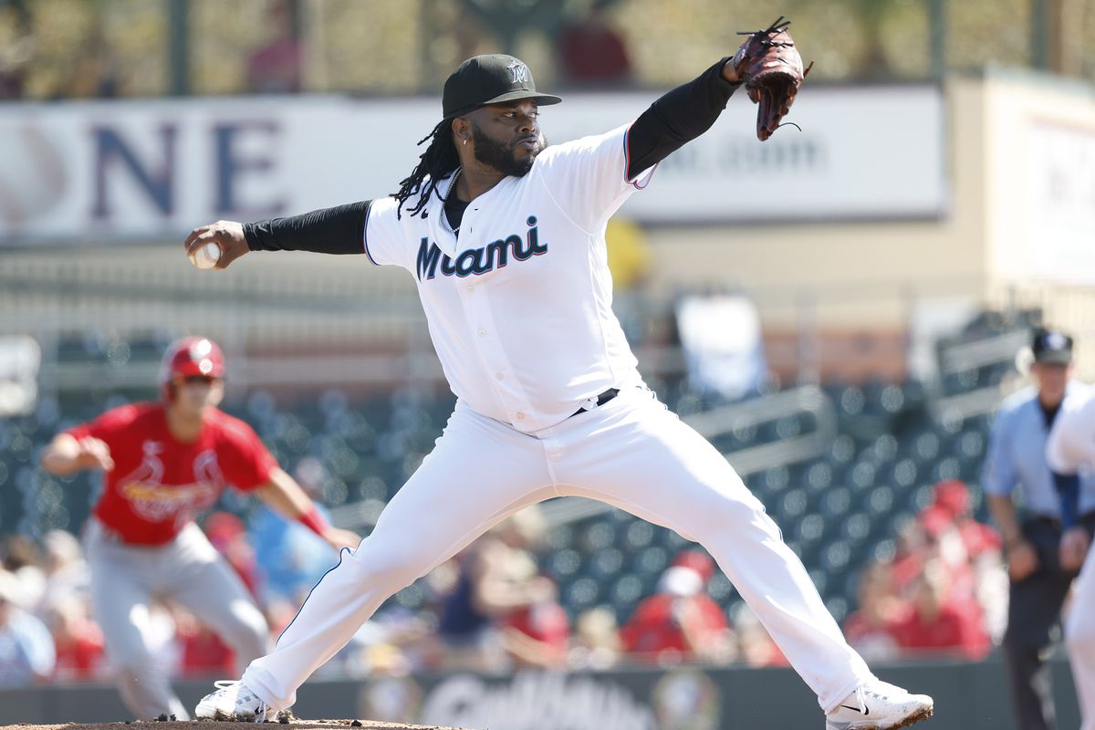 Jupiter, Florida, USA; Miami Marlins starting pitcher Johnny Cueto (47) pitches in the fist inning against the St. Louis Cardinals at Roger Dean Stadium.