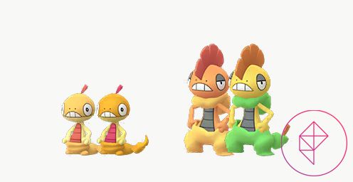 Scraggy and Scrafty as seen in Pokémon Go with their shiny variants. Shiny Scraggy turns a very slightly darker gold, and Scrafty turns lighter yellow with neon green pants.