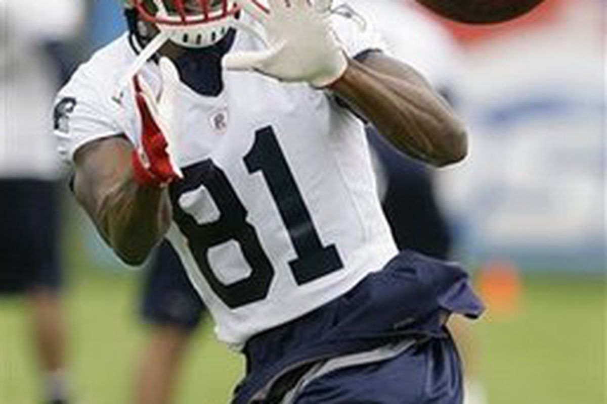 <em>Wide receiver Randy Moss (81) pulls in a pass during practice at Gillette Stadium Tuesday morning, June 2, 2009.
(AP Photo/Stephan Savoia)</em>