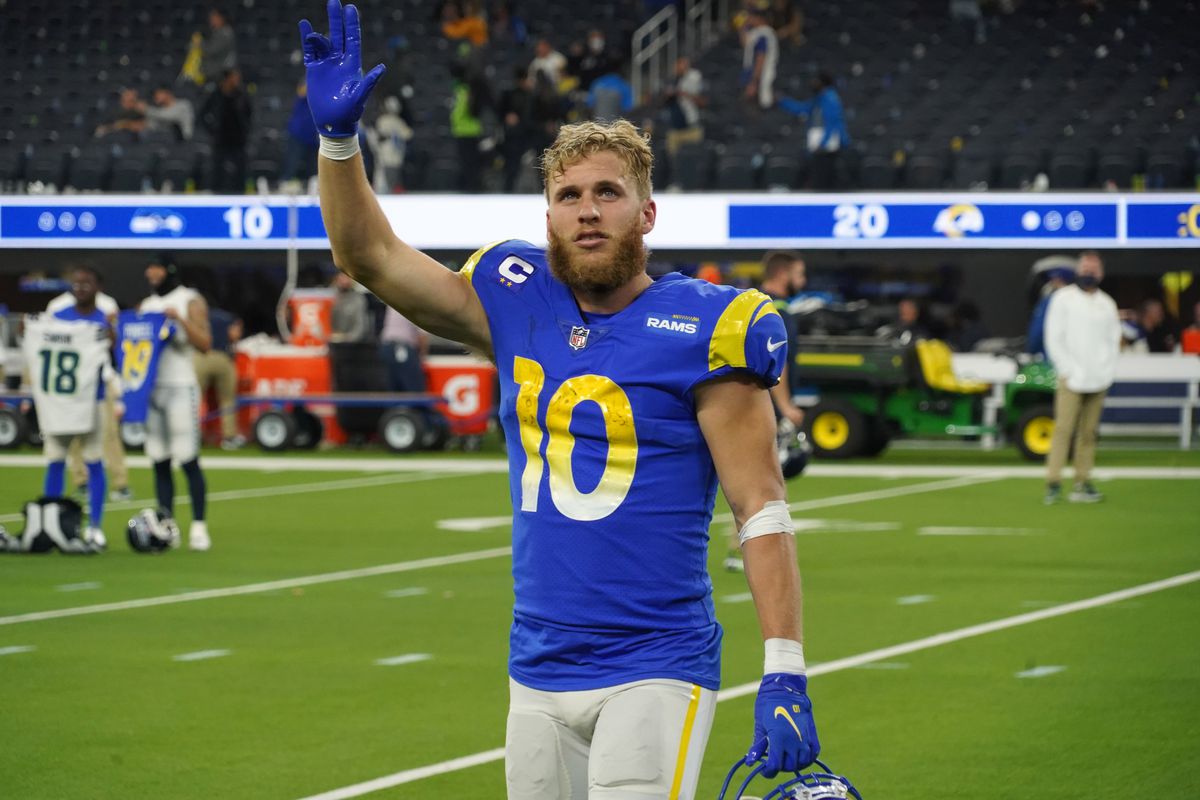 ; Los Angeles Rams wide receiver Cooper Kupp (10) celebrates after the game against the Seattle Seahawks at SoFi Stadium. The Rams defeated the Seahawks 20-10.&nbsp;