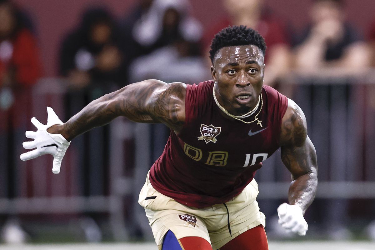 TALLAHASSEE, FL - MARCH 31: Defensive Back Jammie Robinson works out for NFL Scouts and Coaches during Florida State Pro Day at the Dunlap Training Facility on the campus of FSU on March 31, 2023 in Tallahassee, Florida.