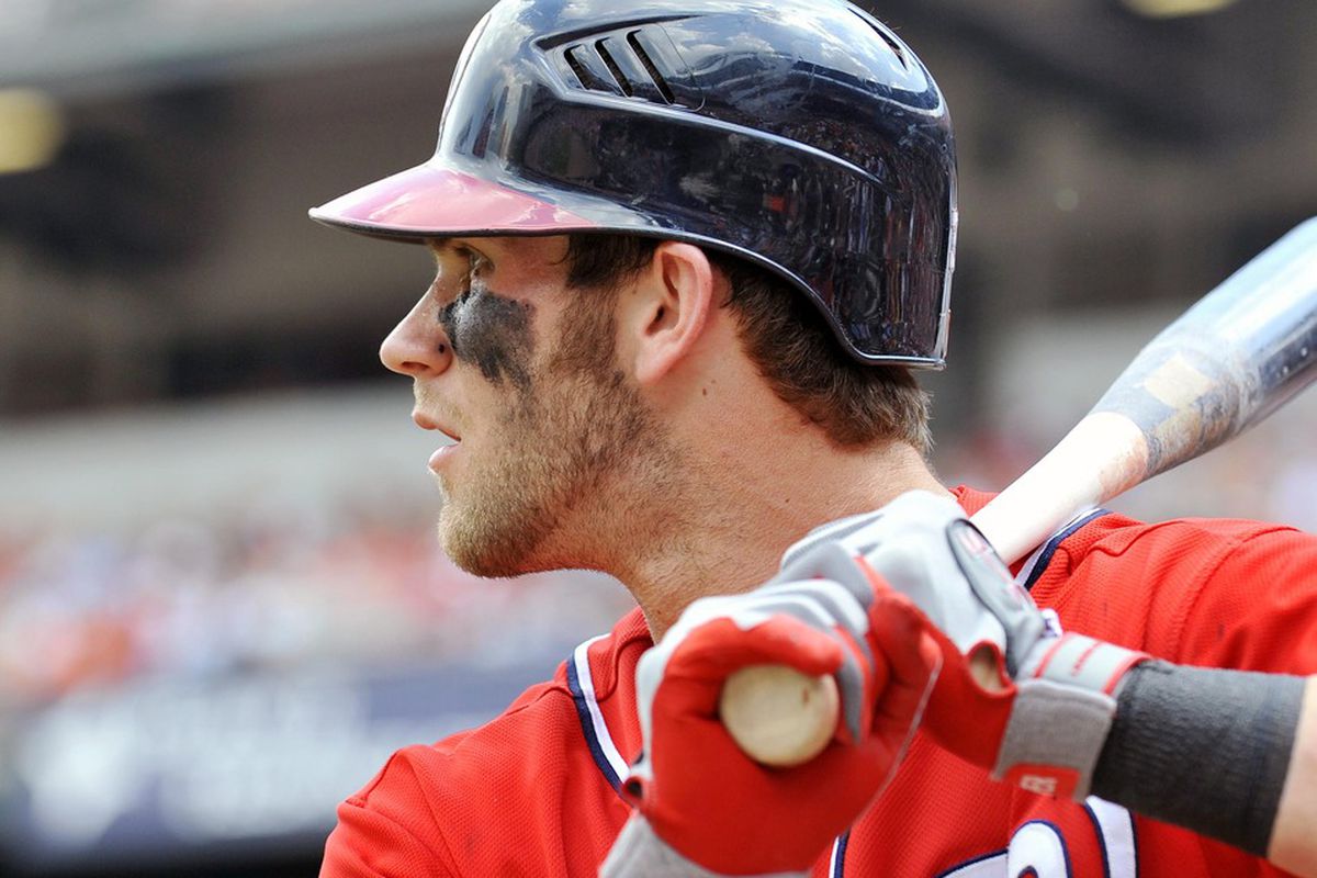 June 24, 2012; Baltimore, MD, USA; Washington Nationals left fielder Bryce Harper (34) in the on-deck circle during the third inning against the Baltimore Orioles at Oriole Park at Camden Yards. Mandatory Credit: Joy R. Absalon-US PRESSWIRE