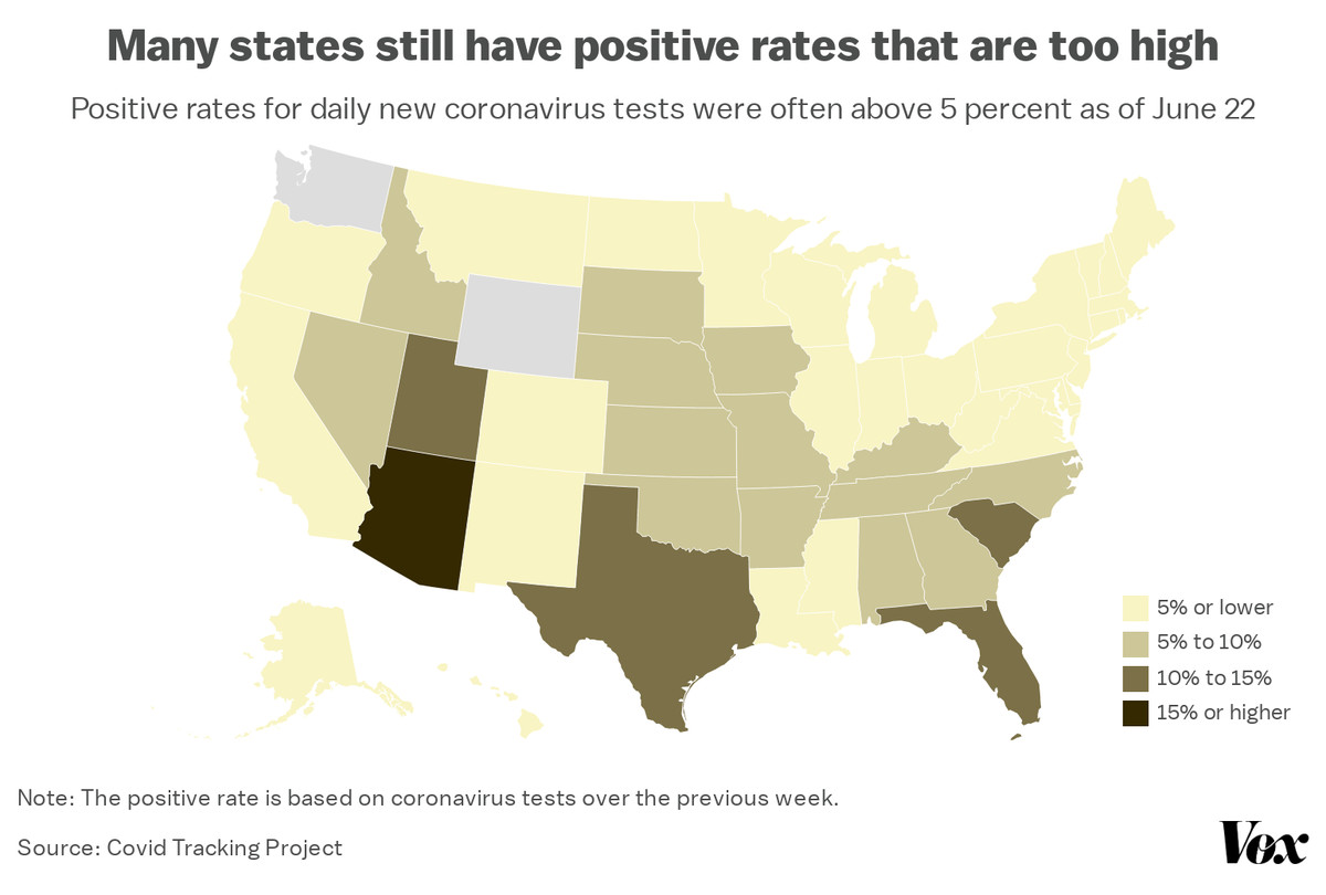 A map of positive rates for coronavirus testing, by state.