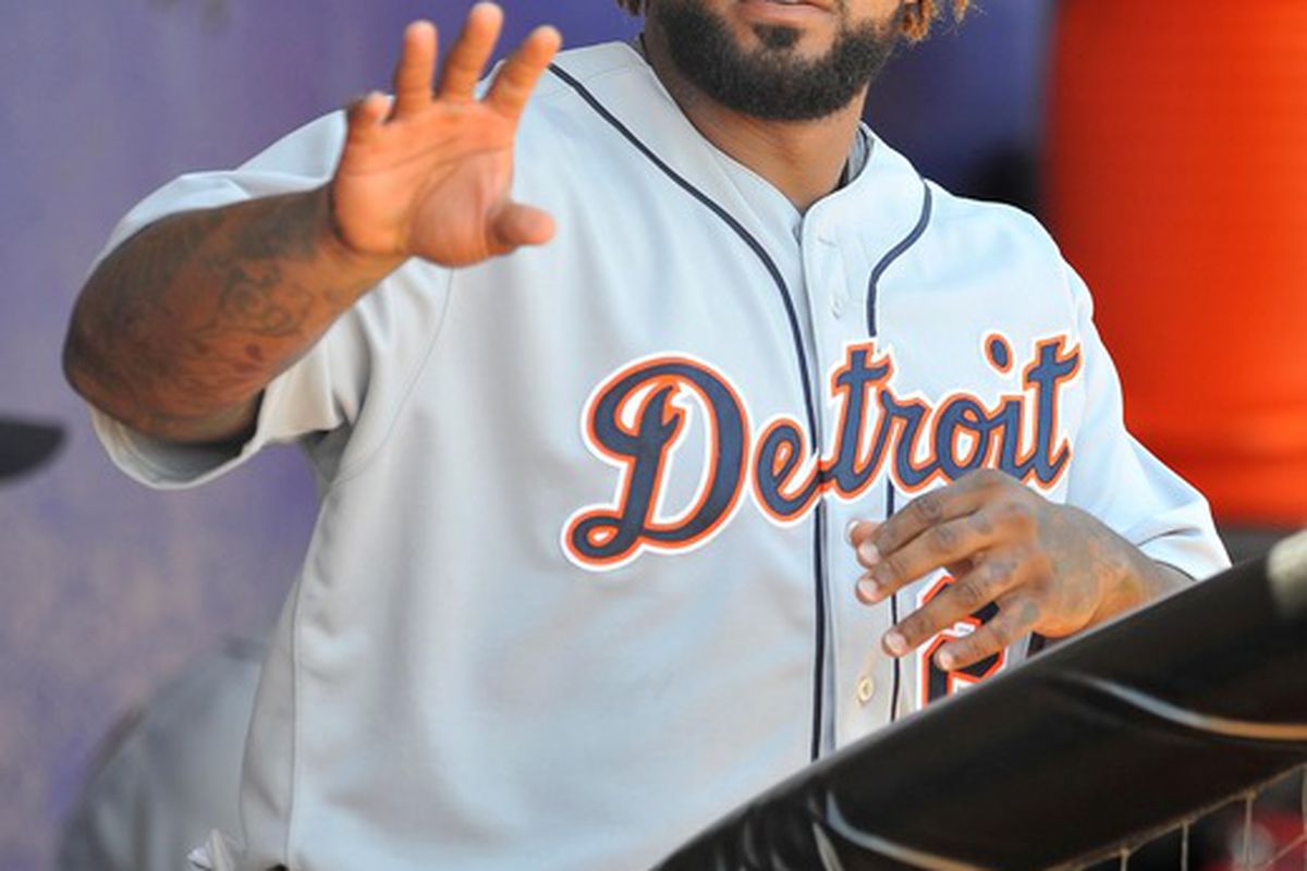 April 01, 2012; Port St Lucie, FL, USA;   Detroit Tigers first baseman Prince Fielder (28) waves from the dugout before the  spring training game against the New York Mets  at Digital Domain Park. Mandatory Credit: Brad Barr-US PRESSWIRE