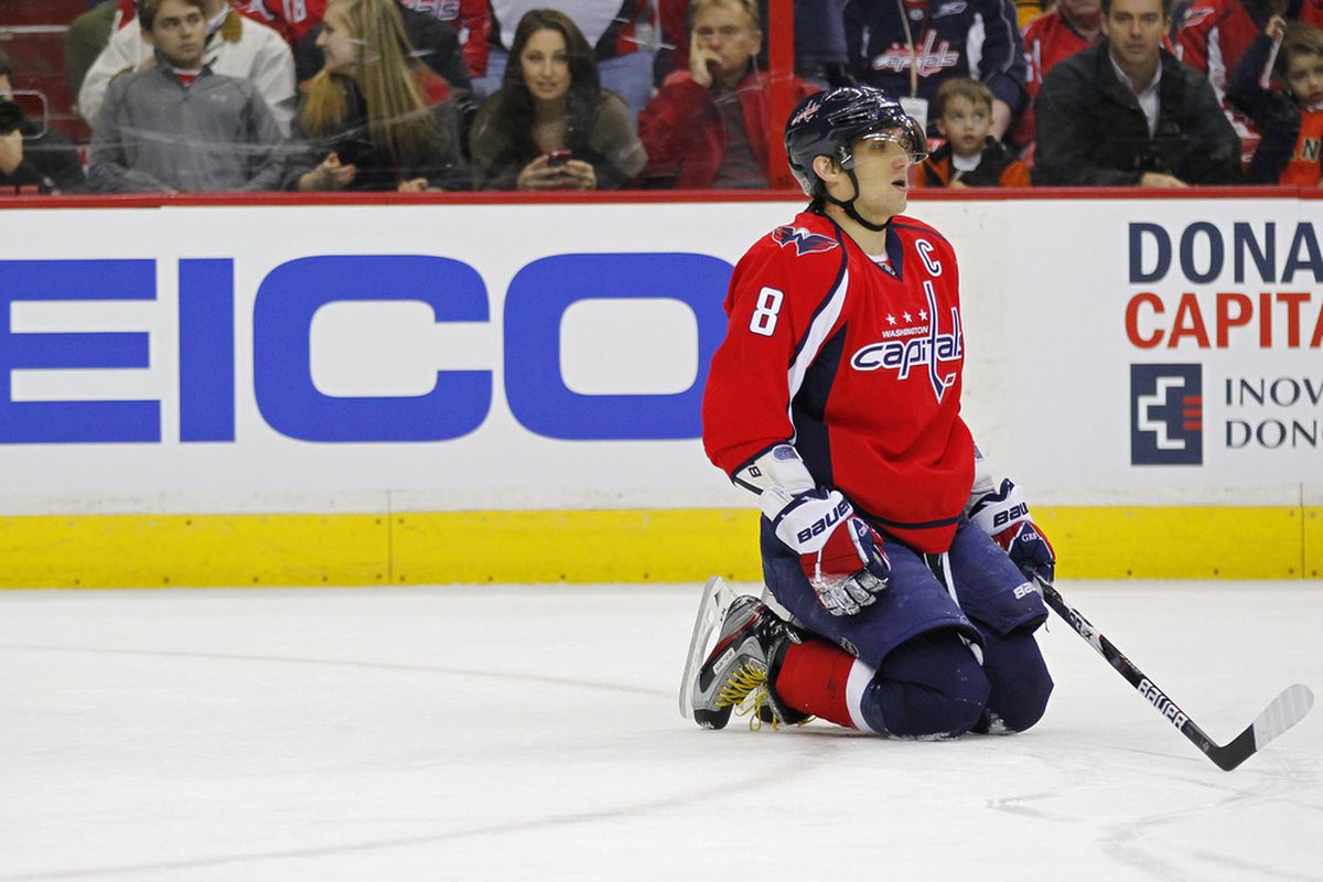 March 27, 2012; Washington, DC, USA; Washington Capitals left wing Alex Ovechkin (8) kneels on the ice during a stoppage in play against the Buffalo Sabres in the second period at Verizon Center. Mandatory Credit: Geoff Burke-US PRESSWIRE