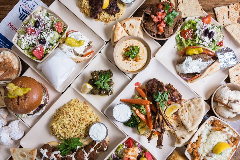 A selection healthy entrees, including gyros and burgers, available at The Great Greek Mediterranean Grill
