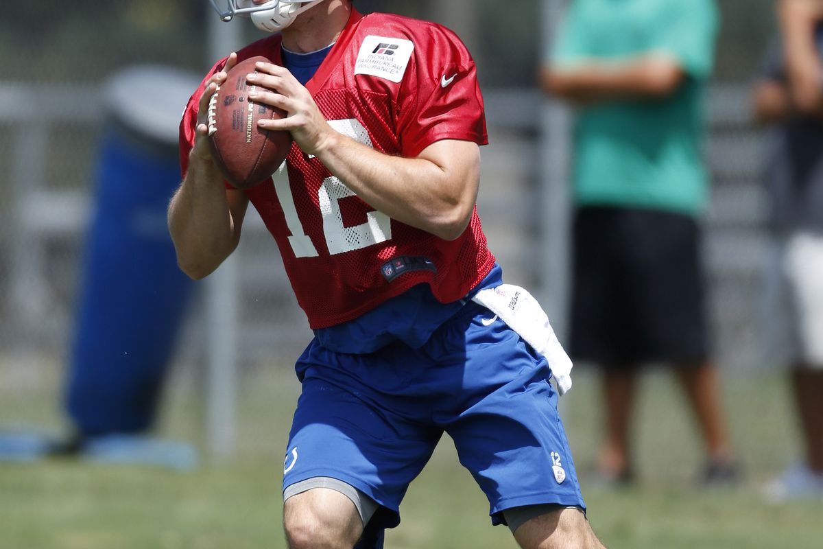 ANDERSON, IN - JULY 29: Andrew Luck #12 of the Indianapolis Colts works out during training camp at Anderson University on July 29, 2012 in Anderson, Indiana. (Photo by Joe Robbins/Getty Images)
