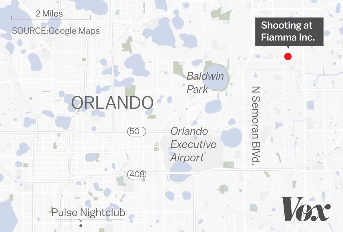 A map of the Orlando, Florida, workplace shooting.