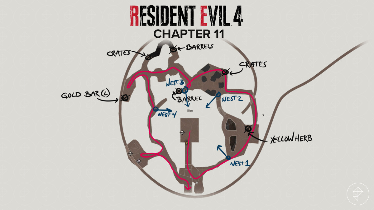 Resident Evil 4&nbsp;remake&nbsp;map of the Hive with a route and items marked
