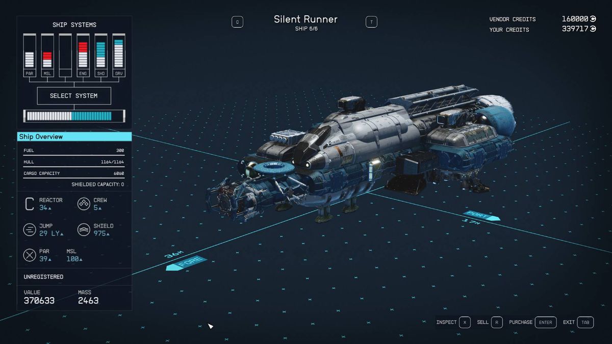 A menu shows the stats and design for the Silent Runner, one of the best ships in Starfield.