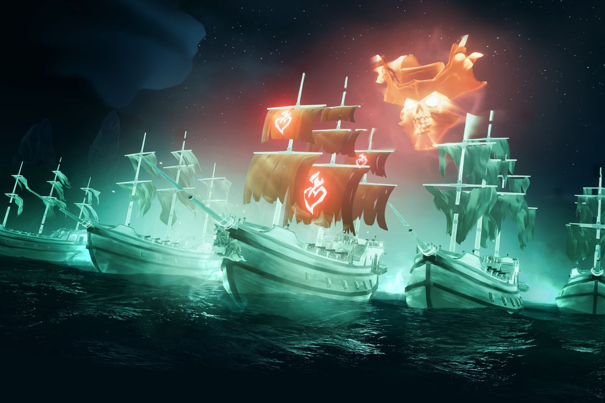 Sea of Thieves - a fleet of ghost ships sail forward, protecting the Burning Blade flagship